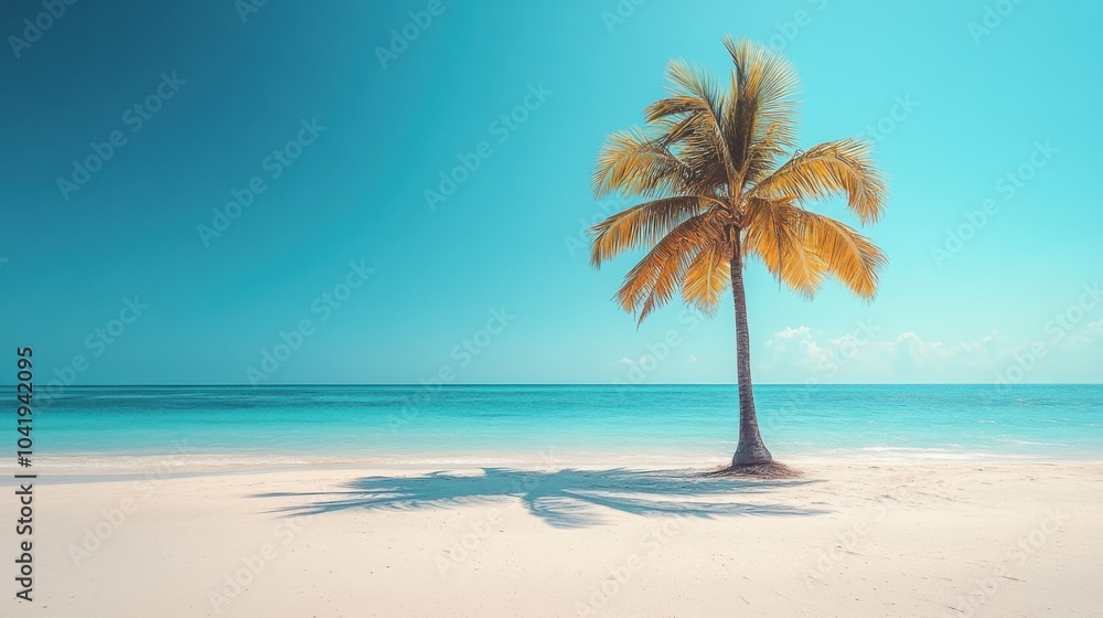 Obraz premium Lone palm tree on a beach with a clear blue sky