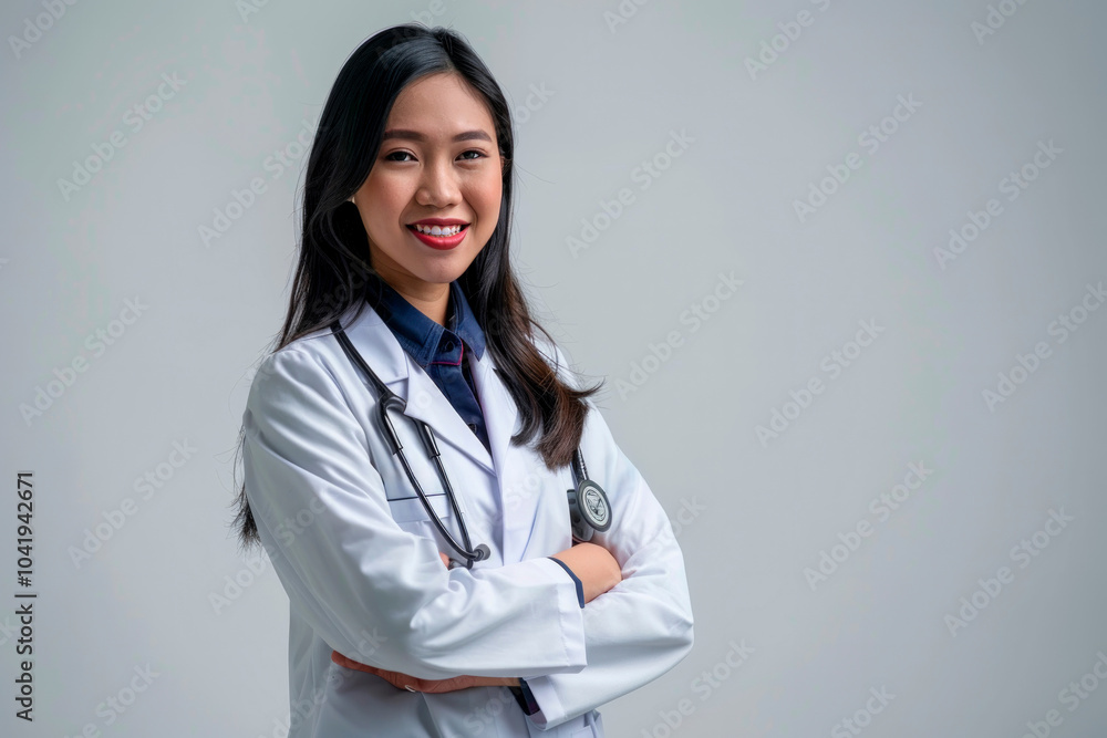 Young female doctor smiling confidently in a clinic, showcasing professionalism and care Young female doctor smiling confidently in a clinic, showcasing professionalism and care
