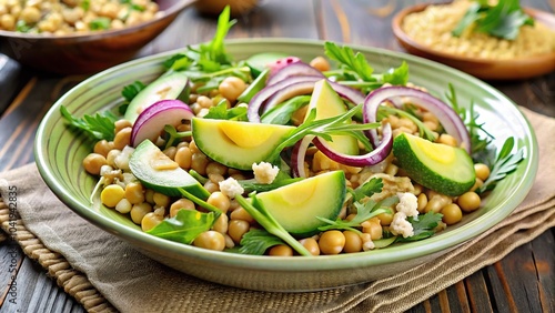 Fresh and colorful racy salad with chickpea, arugula, pearl barley, onion, and avocado