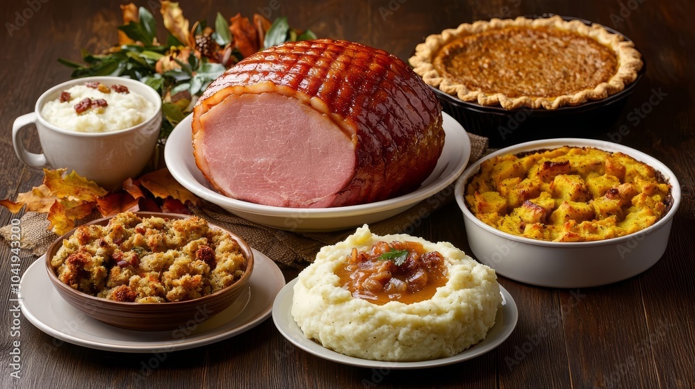 Thanksgiving table with centerpiece ham, surrounded by stuffing, mashed potatoes, and pumpkin pie, elegant tableware, Thanksgiving meal, holiday gathering Thanksgiving table with centerpiece ham, surrounded by stuffing, mashed potatoes, and pumpkin pie, elegant tableware, Thanksgiving meal, holiday gathering