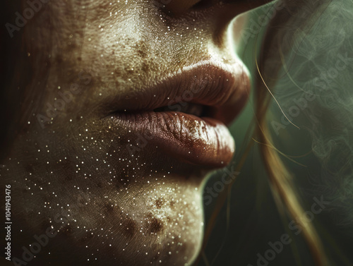 A macro portrait of the subject's lips, highlighting the texture and subtle curves with soft lighting and a shallow depth of field photo