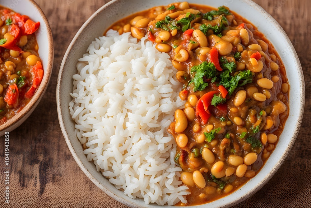 A bowl of kuru fasulye white bean stew served with fluffy white rice and pickled peppers on the side, Ai Generated A bowl of kuru fasulye white bean stew served with fluffy white rice and pickled peppers on the side, Ai Generated