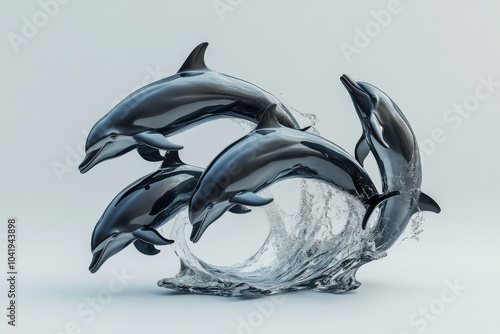 Four dolphins leap gracefully from the water, creating dynamic splashes, showcasing their playful nature and agility in an artistic composition.