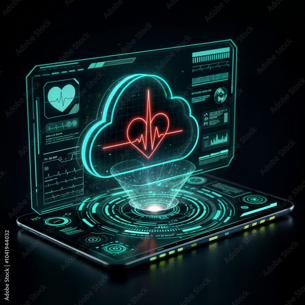 Fototapeta premium Medicine and cloud technologies. A digital cloud with a heartbeat line symbolizes secure cloud storage for patient data in healthcare. Holographic display concept