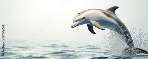 A dolphin gracefully leaps from the water, creating a splash against a serene, light-colored backdrop.