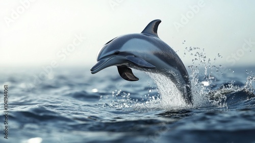 A dolphin leaps gracefully from the ocean, creating a splash as it breaks the water's surface under a serene sky.