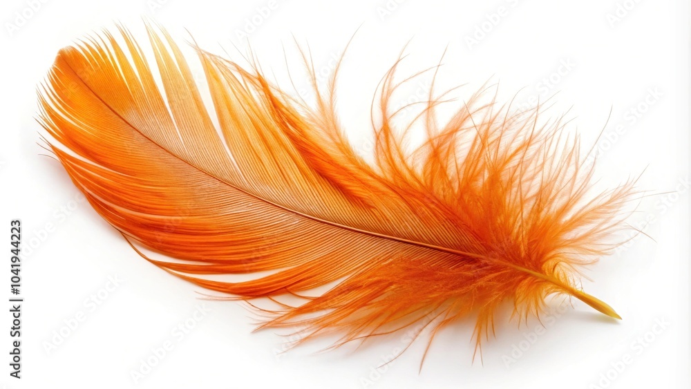 Delicate orange feather on white background tilted angle Delicate orange feather on white background tilted angle