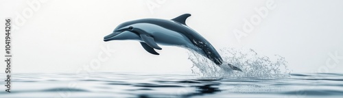 A dolphin leaps gracefully from the water, creating splashes under a calm, overcast sky.