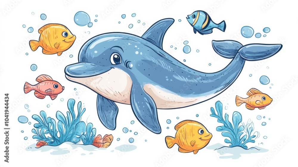 Obraz premium A cheerful dolphin swims among colorful fish and plants in a vibrant underwater scene, creating a playful and lively marine environment.