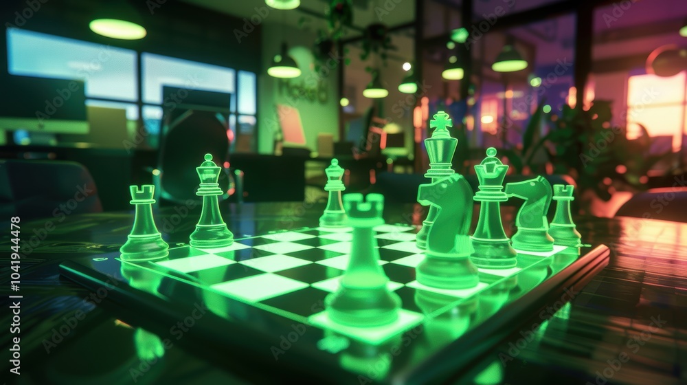 Obraz premium Strategic Business Moves: Modern Office Chessboard with Glowing Pieces for Success