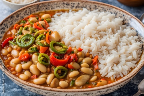 A bowl of kuru fasulye white bean stew served with fluffy white rice and pickled peppers on the side, Ai Generated photo