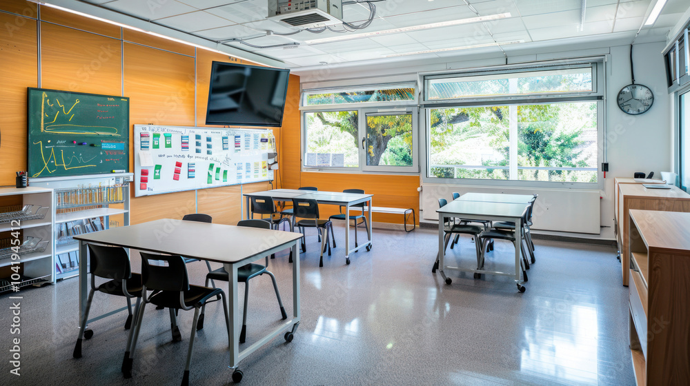 A modern inclusive classroom equipped with tools for students of various abilities, ensuring equal learning opportunities A modern inclusive classroom equipped with tools for students of various abilities, ensuring equal learning opportunities