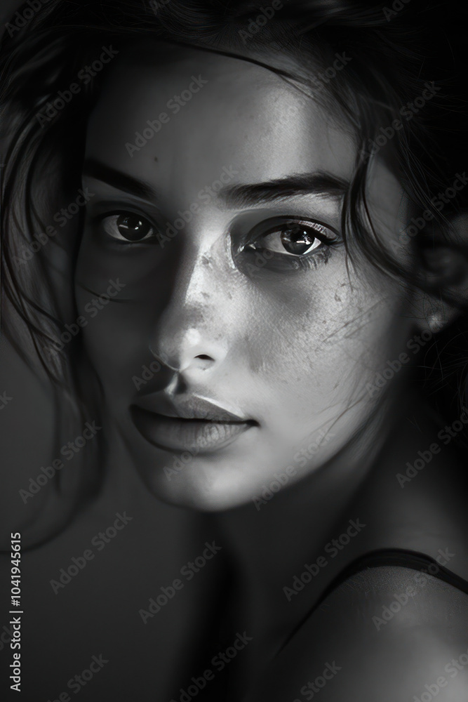 A moody and mysterious studio portrait in black and white, with strong shadows and a contemplative expression from the subject A moody and mysterious studio portrait in black and white, with strong shadows and a contemplative expression from the subject