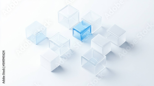 Clear and blue geometric blocks arranged on white surface create modern and minimalist aesthetic. interplay of transparency and color adds depth and interest to composition