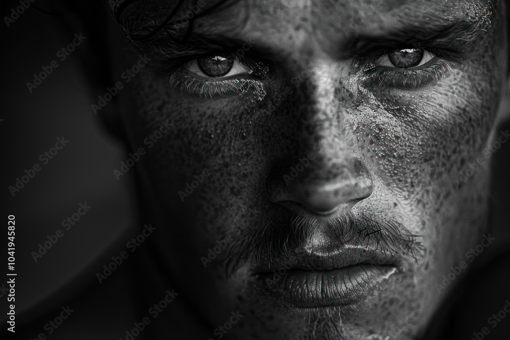 A moody black-and-white portrait with high contrast, showcasing the sharp angles and details of the subject's face under dramatic lighting A moody black-and-white portrait with high contrast, showcasing the sharp angles and details of the subject's face under dramatic lighting