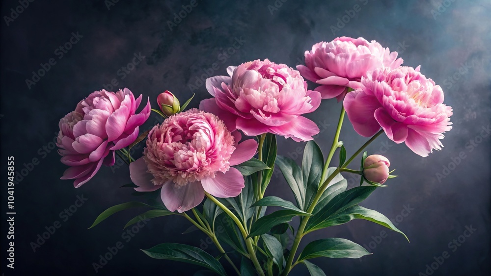 Delicate pink peonies in watercolor style on dark background with forced perspective Delicate pink peonies in watercolor style on dark background with forced perspective