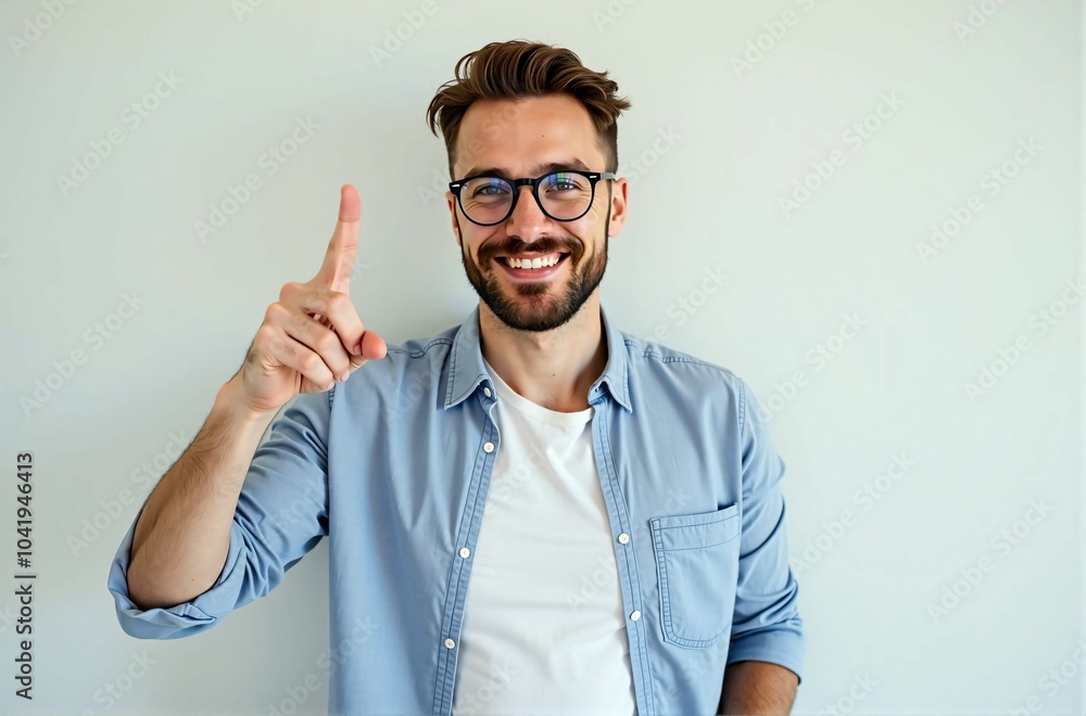Naklejka premium Professional Man with a Confident Smile, Pointing to New Opportunities, Symbolizing Leadership, Growth, and Career Success