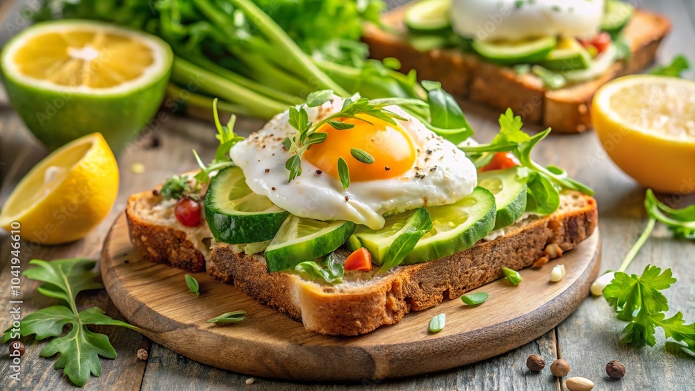 A vibrant breakfast of avocado toast topped with a poached egg, fresh vegetables, and citrus on a rustic wooden table A vibrant breakfast of avocado toast topped with a poached egg, fresh vegetables, and citrus on a rustic wooden table