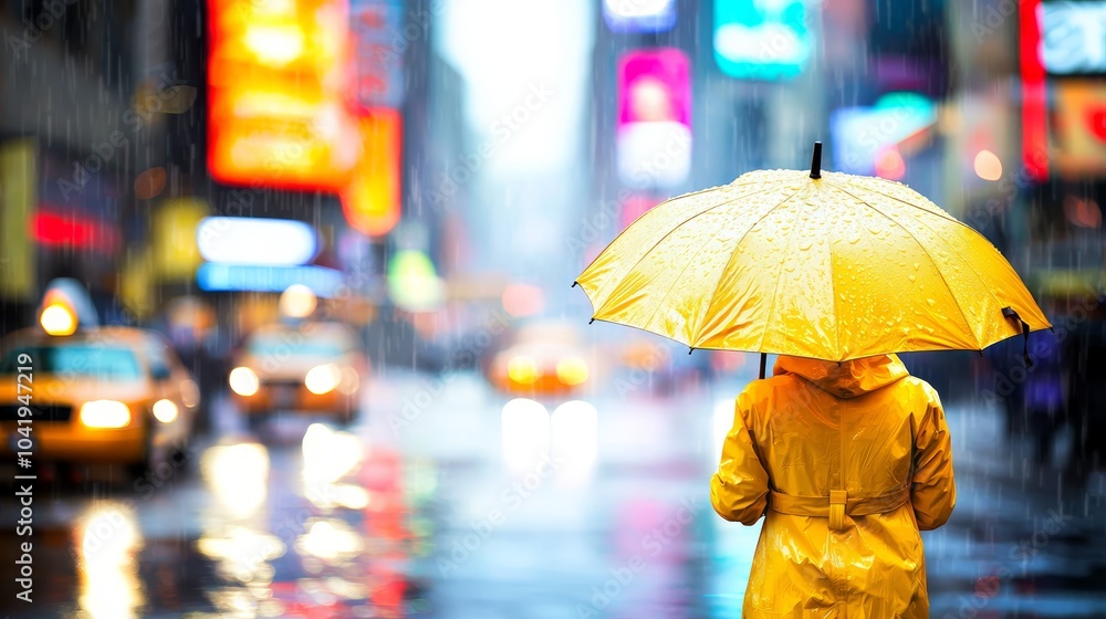 Obraz premium A woman in a yellow raincoat holding a yellow umbrella on a rainy city street.