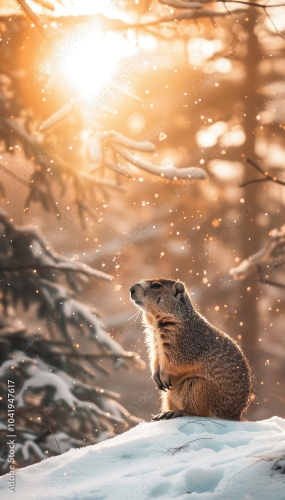 Obraz premium Charming Groundhog Day Card with Realistic Groundhog in Snowy Sunrise Forest Scene