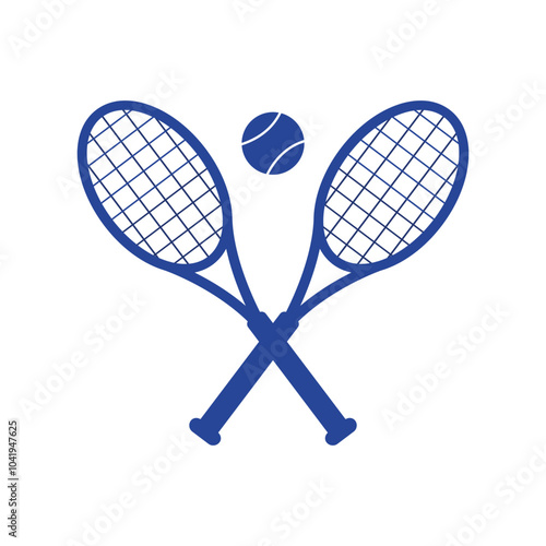 Vector illustration of blue tennis rackets and a tennis ball on a white background.