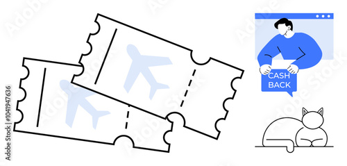 Two airplane tickets, a man holding a cashback sign, a relaxed cat, and a minimalist design. Ideal for travel, discounts, pets, relaxation, vector art
