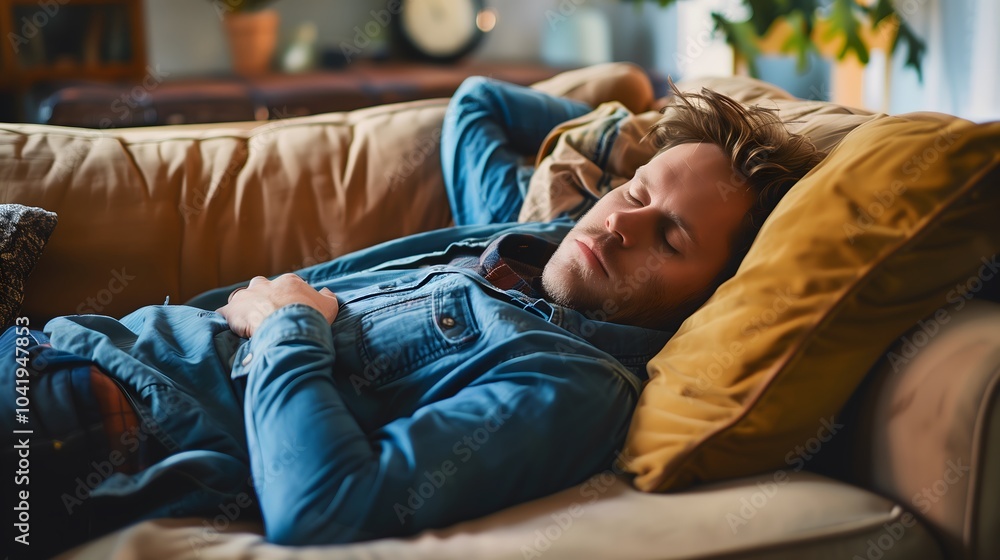 Pillow And Sofa Create A Perfect Nap Spot For A Lazy, Tired Man Lying On The Couch At Home, Enjoying Sleeping In His Comfortable Living Room, A Handsome Young Adult Indulging In Leisure And Rest. Pillow And Sofa Create A Perfect Nap Spot For A Lazy, Tired Man Lying On The Couch At Home, Enjoying Sleeping In His Comfortable Living Room, A Handsome Young Adult Indulging In Leisure And Rest.