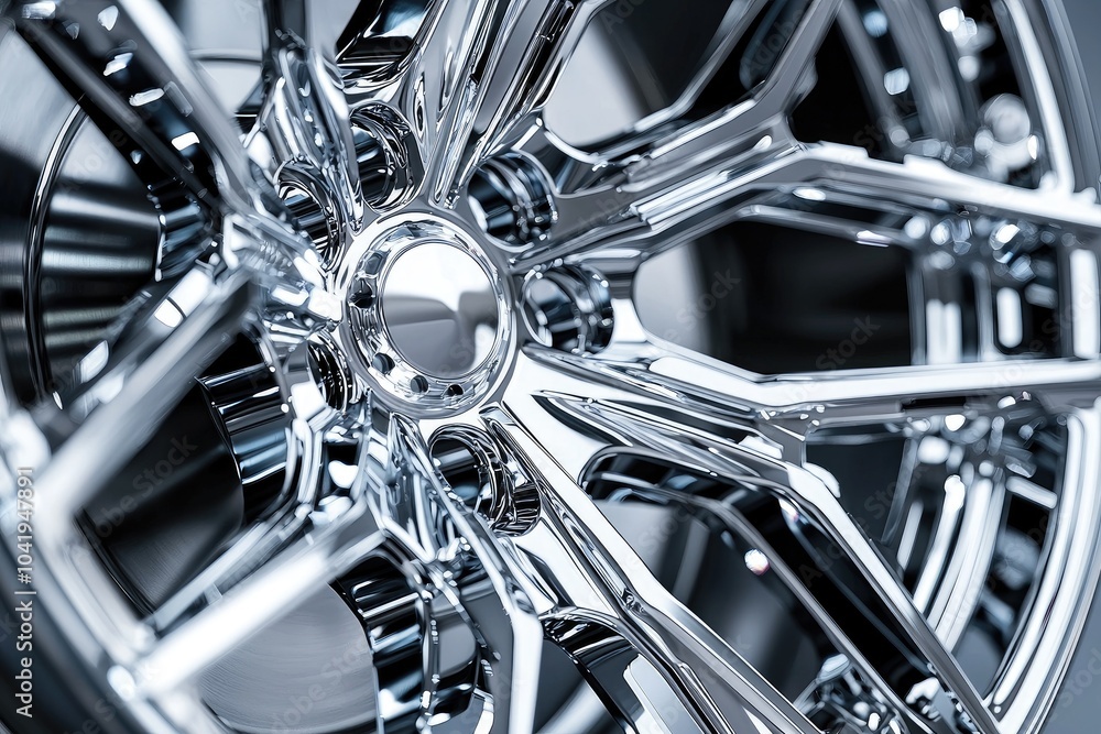 Close-up of a shiny chrome car wheel, showcasing intricate design and reflections. Close-up of a shiny chrome car wheel, showcasing intricate design and reflections.
