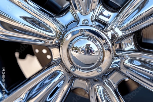 Close-up of a shiny car wheel, showcasing intricate chrome design.