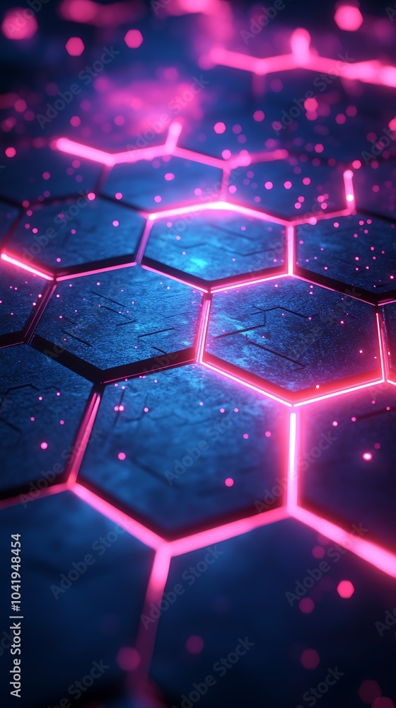 Abstract hexagonal grid with glowing neon pink and blue highlights, each hexagon softly illuminated, layered depth with shadows, dark backdrop for maximum contrast, futuristic aesthetic, Abstract hexagonal grid with glowing neon pink and blue highlights, each hexagon softly illuminated, layered depth with shadows, dark backdrop for maximum contrast, futuristic aesthetic,
