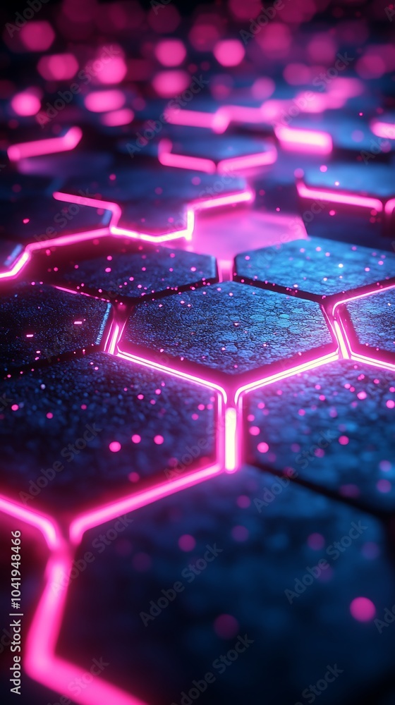 Fototapeta premium Abstract hexagonal grid with glowing neon pink and blue highlights, each hexagon softly illuminated, layered depth with shadows, dark backdrop for maximum contrast, futuristic aesthetic,