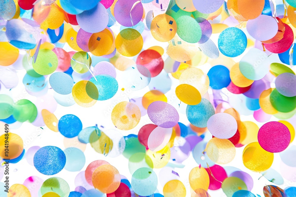 Colorful confetti in vibrant shades falling, cheerful celebration concept, white background. Colorful confetti in vibrant shades falling, cheerful celebration concept, white background.