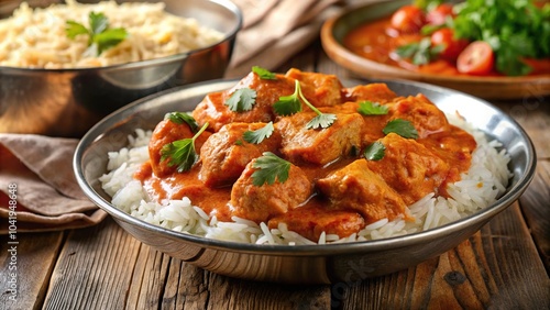 Indian chicken tikka masala with basmati rice served at a tilted angle