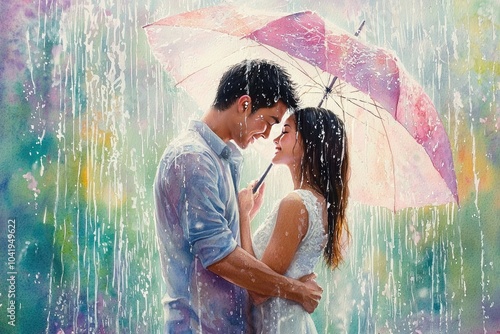 Romantic couple embracing under an umbrella in the rain, colorful background.
