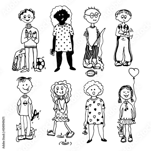 Children of different emotions, feelings, and moods. Girls and boys  hand drawn line vector illustration