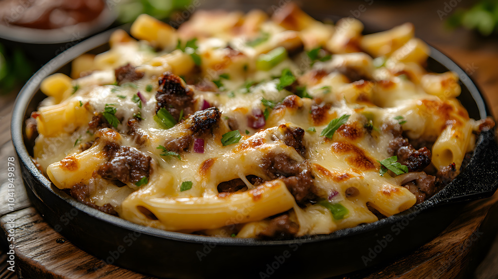 A photo of Philly cheesesteak pasta on a rustic wooden table, with melted provolone cheese and crispy browned bits, sautéed onions and green peppers for garnish, shot with a telephoto lens A photo of Philly cheesesteak pasta on a rustic wooden table, with melted provolone cheese and crispy browned bits, sautéed onions and green peppers for garnish, shot with a telephoto lens