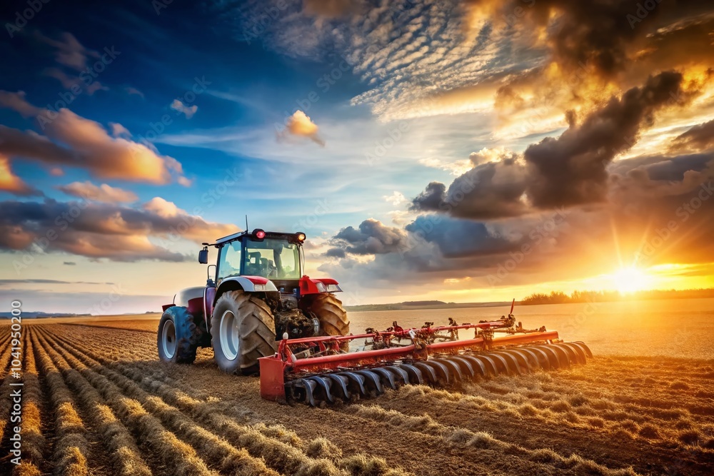 Fototapeta premium Minimalist Multirow Disc Harrow with Tractor in Agricultural Field - Farming Equipment Photography