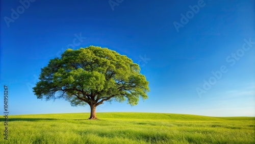 Forced perspective image of tree in grass field under clear blue sky