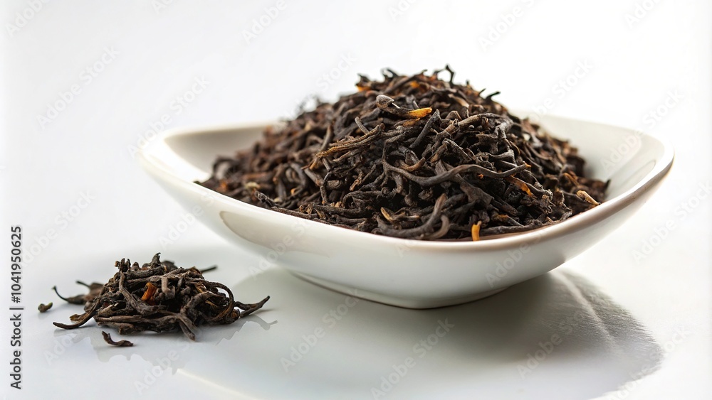 Fototapeta premium Forced perspective tea sample in white dish with black tea leaves on white background