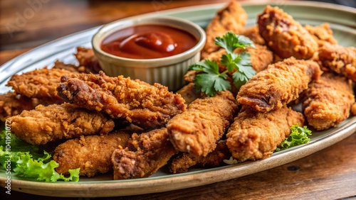 Crispy fried chicken tenders served on a platter with dipping sauce at a casual dining setting