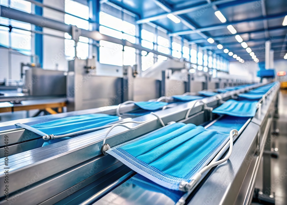 Fototapeta premium Minimalist Production of Surgical Masks on Conveyor Belt in Healthcare Setting