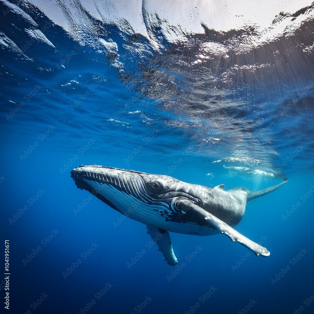 Fototapeta premium a majestic whale swimming gracefully underwater in a serene ocean environment