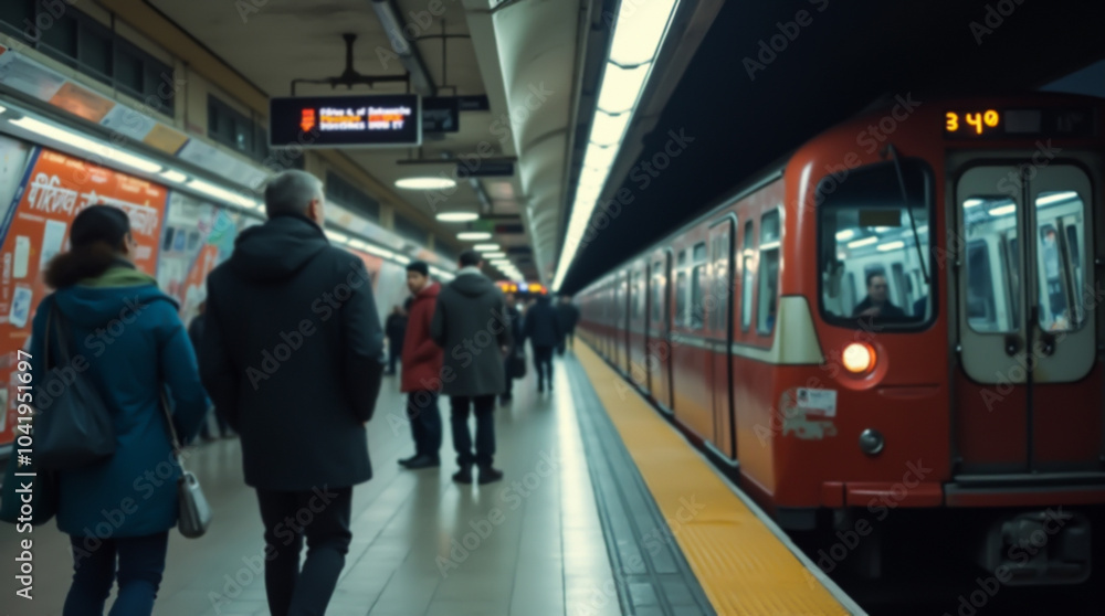 Fototapeta premium A red metro train stands on the platform, ready to depart