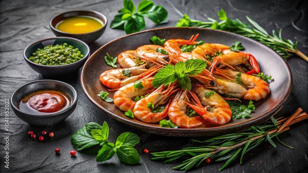 Minimalist Shrimp Dish with Herbs and Dipping Sauce on Black Plate for Culinary Photography Minimalist Shrimp Dish with Herbs and Dipping Sauce on Black Plate for Culinary Photography