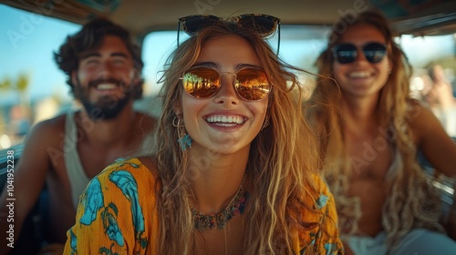 Three friends enjoying a sunny day in a vintage van.