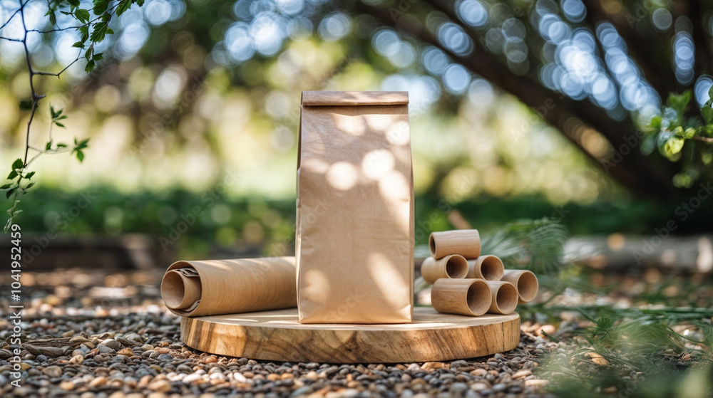 A blank kraft paper doypack mockup set outdoors on a wooden surface, blurred green background. A blank kraft paper doypack mockup set outdoors on a wooden surface, blurred green background.
