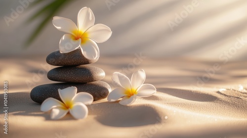 White frangipani flowers are decorating a stack of zen stones on a sandy beach with palm leaves in the background. This image evokes a sense of peace and tranquility