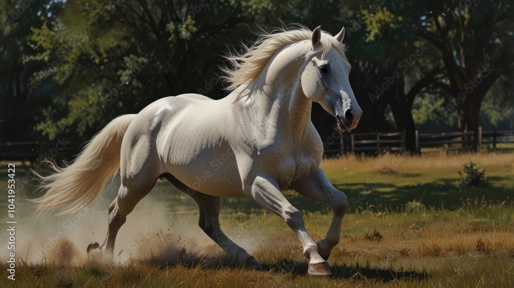 A white rooster runs through a tall grass field, a strong leg pushing him forward with easy grace. The horse's coat is sparkling in the sun, expressing the shades of cream and smooth silver. A white rooster runs through a tall grass field, a strong leg pushing him forward with easy grace. The horse's coat is sparkling in the sun, expressing the shades of cream and smooth silver.
