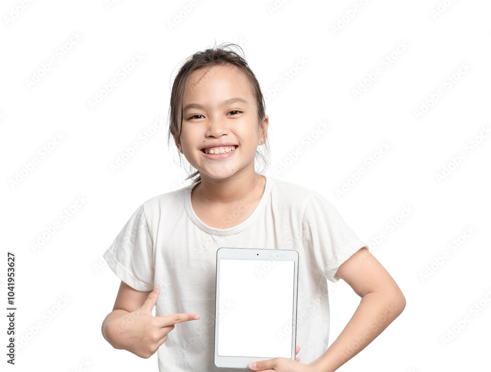 A young girl is holding a tablet with a white background A young girl is holding a tablet with a white background