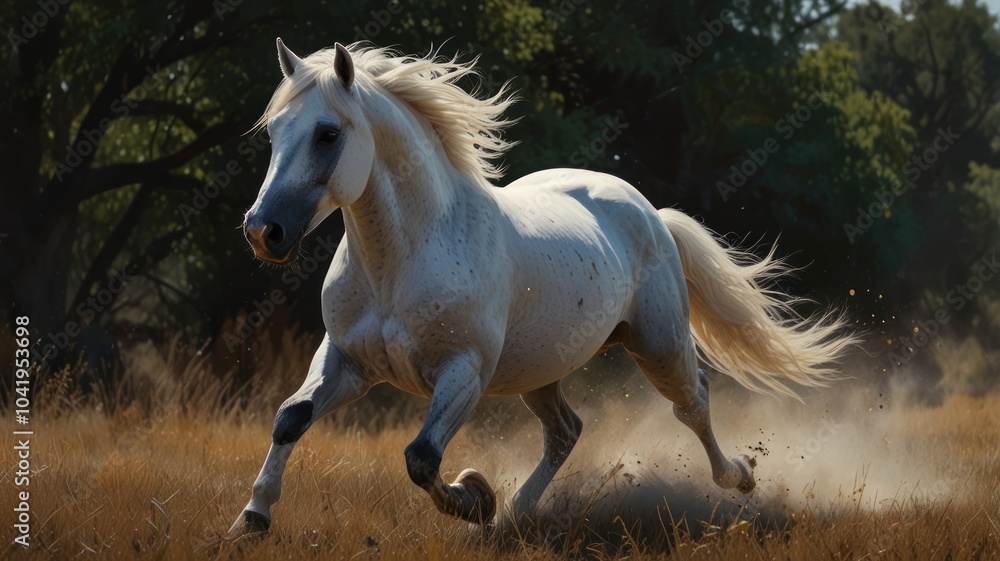 A white rooster runs through a tall grass field, a strong leg pushing him forward with easy grace. The horse's coat is sparkling in the sun, expressing the shades of cream and smooth silver. A white rooster runs through a tall grass field, a strong leg pushing him forward with easy grace. The horse's coat is sparkling in the sun, expressing the shades of cream and smooth silver.